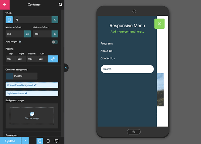 菜单容器设置 SeedProd Mobile menu container settings