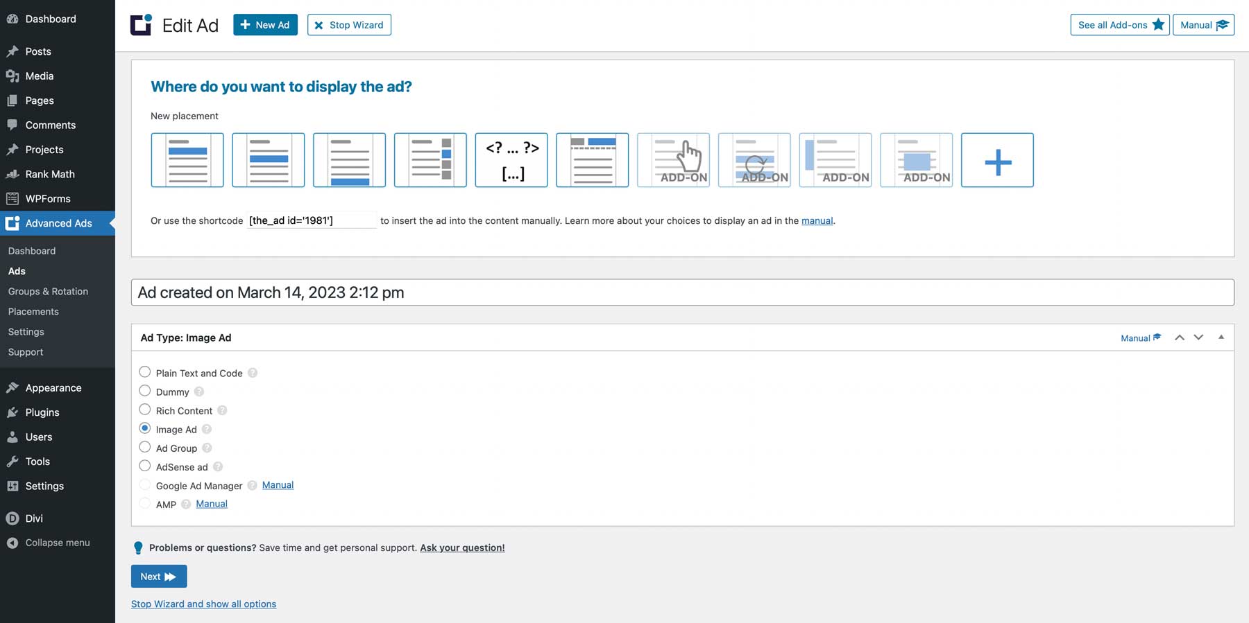 Advanced Ads avvia la procedura guidata