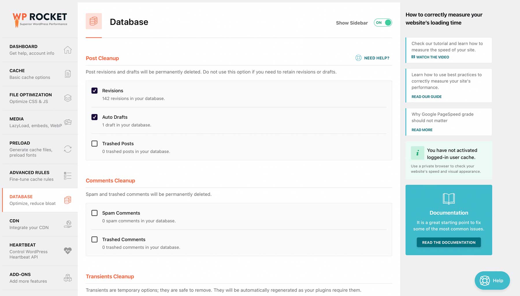 Ottimizzazione del database WP Rocket