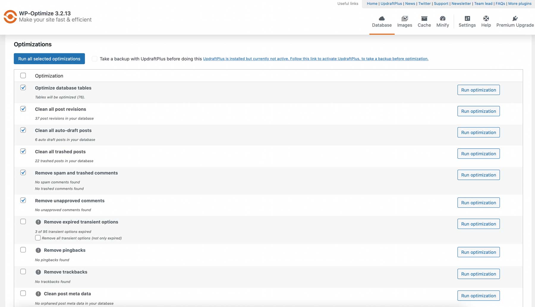Impostazioni WP Optimize