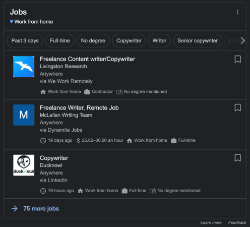 Resultados da lista de empregos do Google