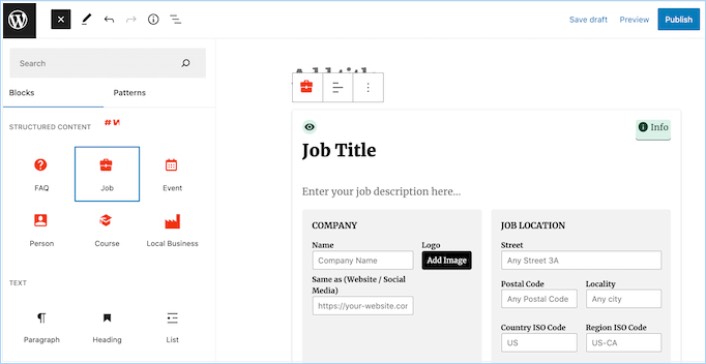 Bloco de Gutenberg do plug-in de conteúdo estruturado