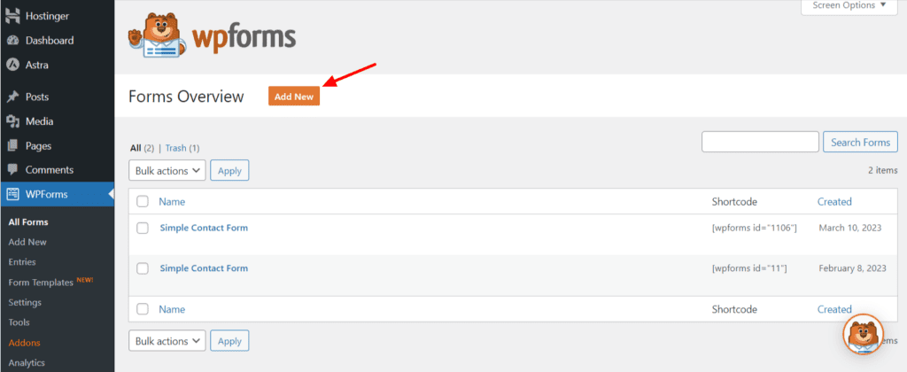 WPForms 新しいフォーム
