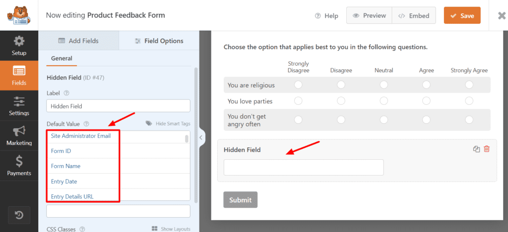 WpForms 隠しフィールド