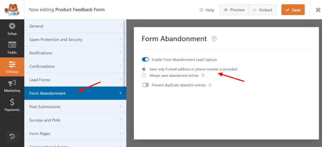 WPForms フォームの放棄設定