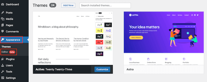 WordPress フルサイトエディター (FSE) を開く Opening the WordPress full site editor (FSE)