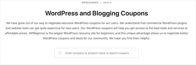 WPBeginner Web サイトでクーポンやお得な情報を検索する Searching coupons and deals on the WPBeginner website