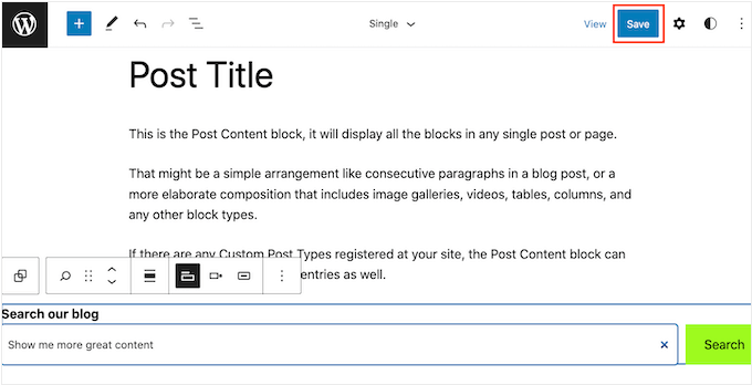 検索バーを使用してブロック対応テンプレートを公開する Publishing a block-enabled template with a search bar