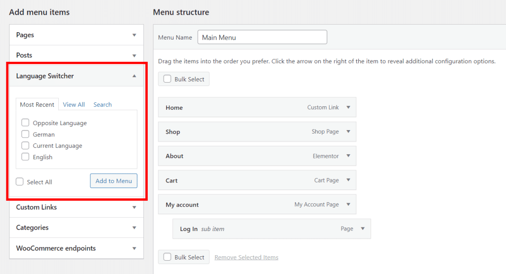Sélecteur de langue WordPress dans un menu
