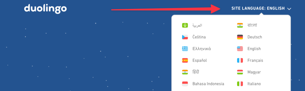 Un exemple de sélecteur de langue de site Web par Duolingo