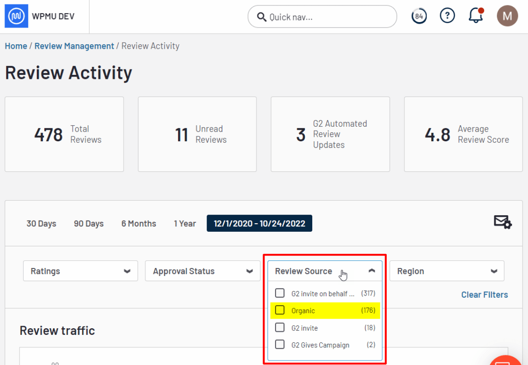 Schermata attività di revisione WPMU DEV G2