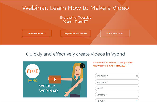 vyondウェビナーランディングページサンプル SeedProd webinar landing page example
