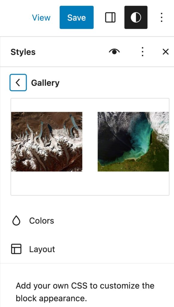Site Editor、Styles、Blocks Gallery 选择并显示块预览