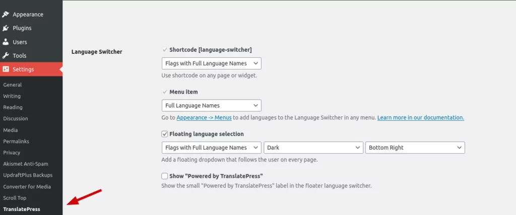 tangkapan layar pengaturan TranslatePress
