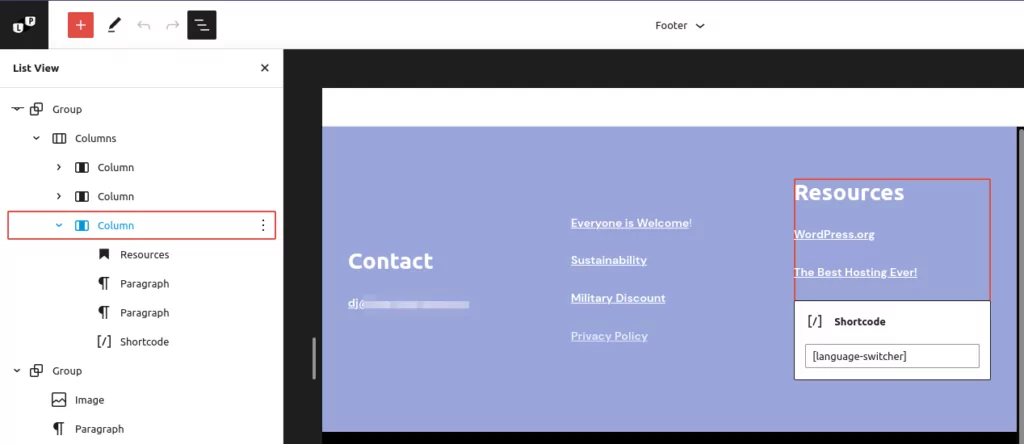 tangkapan layar editor situs WordPress