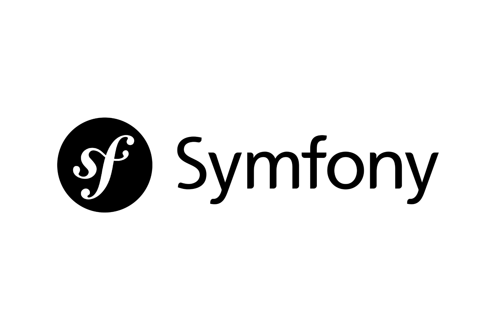 Logo Symfony dengan tulisan berwarna hitam dan inisial "sf" berwarna putih di atas lingkaran hitam.