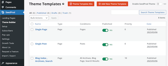 Le générateur de thème SeedProd The SeedProd theme builder