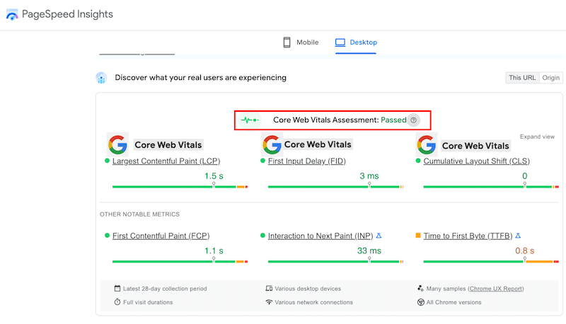 Data Web Inti (kinerja dan pengalaman pengguna) sebagai faktor peringkat - Sumber: Wawasan PageSpeed.