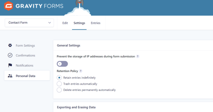 Pengaturan data pribadi Gravity Forms Personal data settings Gravity Forms