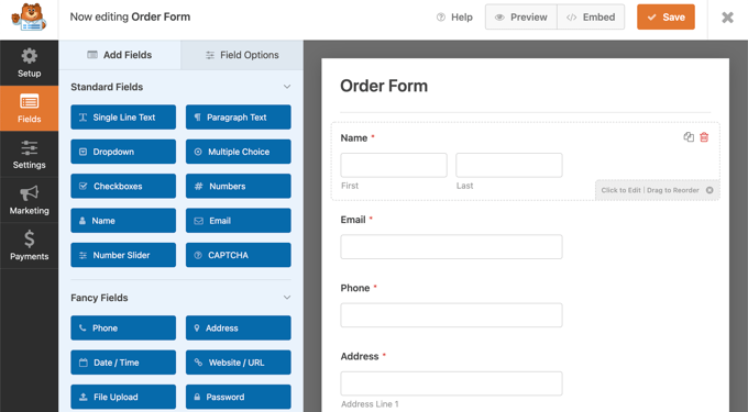 WPForms Akan Memuat Pembuat Formulir dengan Formulir Pemesanan Sederhana WPForms Will Pre-load the Form Builder with a Simple Order Form
