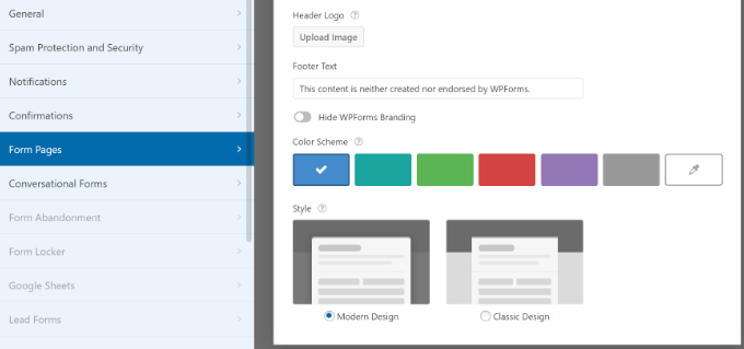 Pengaturan halaman formulir WPForms Form pages settings WPForms