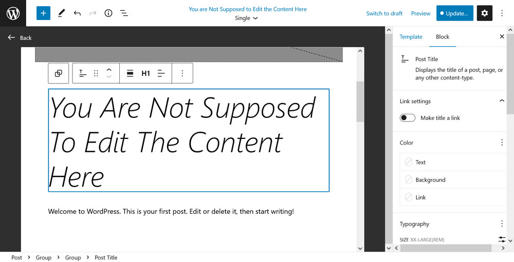 modificare il contenuto nell'editor di modelli gutenberg
