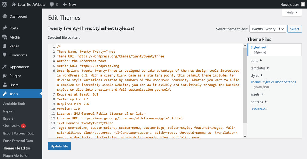 modifica il foglio di stile del tema del blocco dal back-end di wordpress