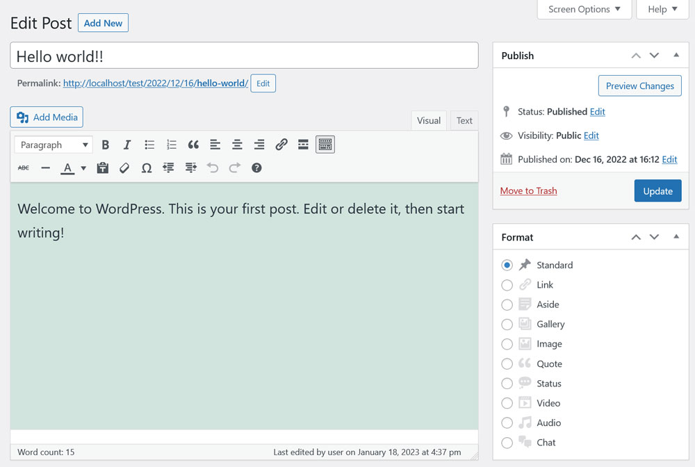 interfaccia utente dell'editor classico di wordpress
