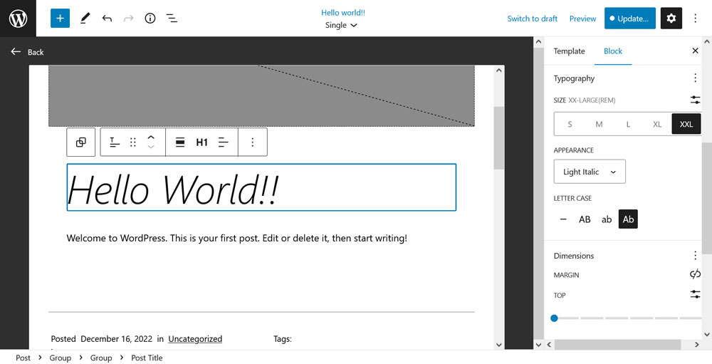 apportare modifiche nell'editor di modelli gutenberg