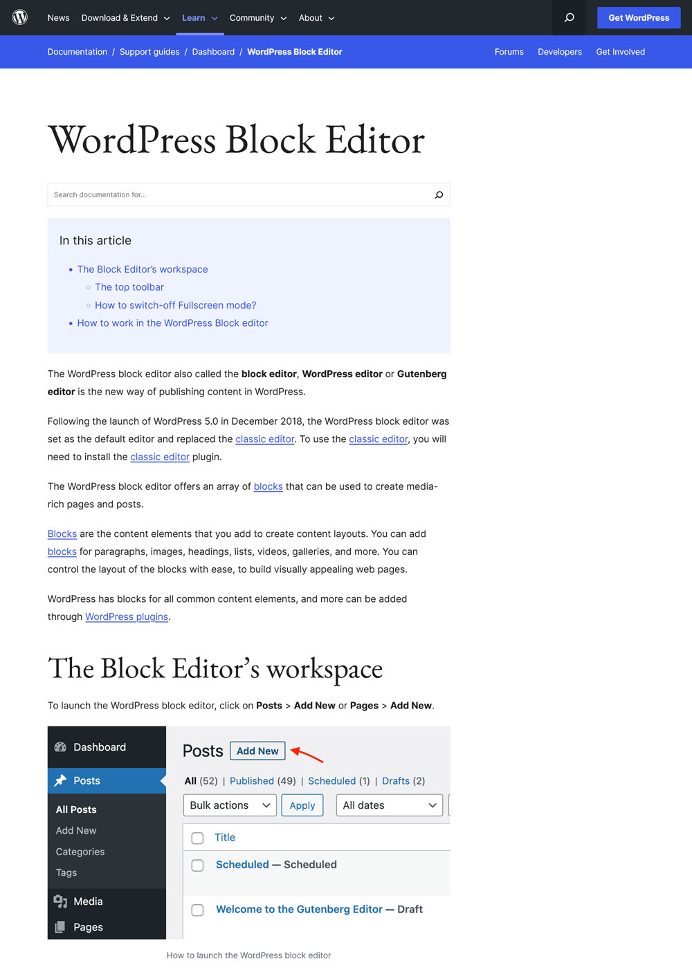 pagina di supporto dell'editor di blocchi wordpress