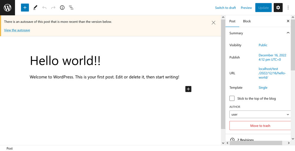 esempio di salvataggio automatico dell'editor di blocchi di wordpress