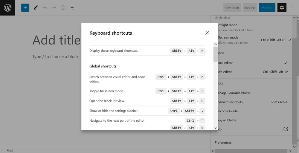 rivedere le scorciatoie da tastiera dell'editor di blocchi gutenberg