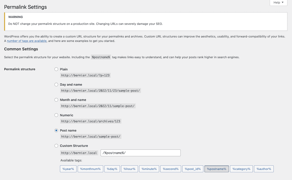 Экран постоянных ссылок WordPress в wp-admin.
