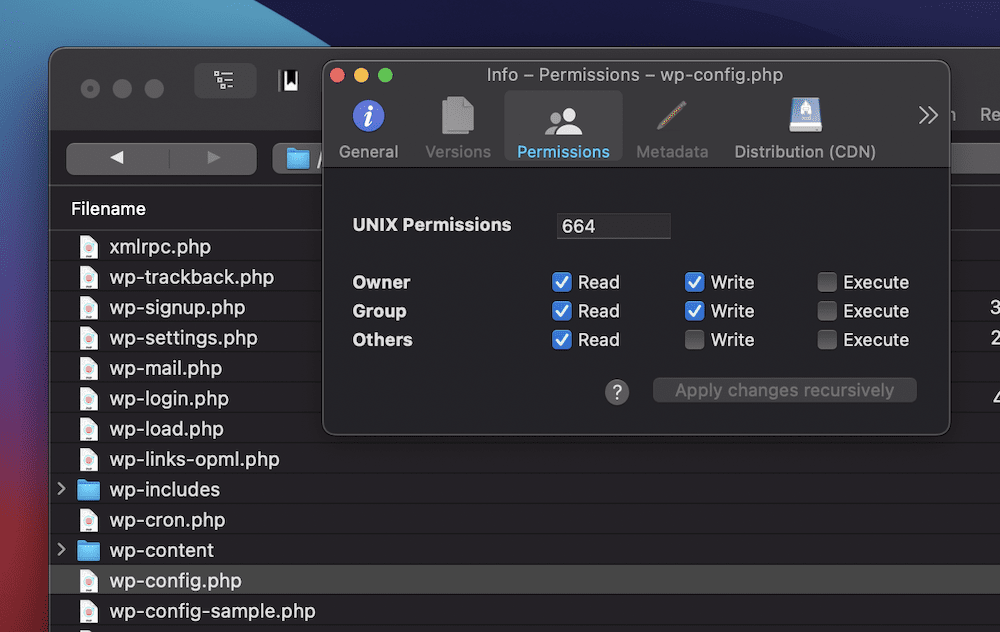 Изменение прав доступа к файлу WordPress в SFTP-клиенте Cyberduck.