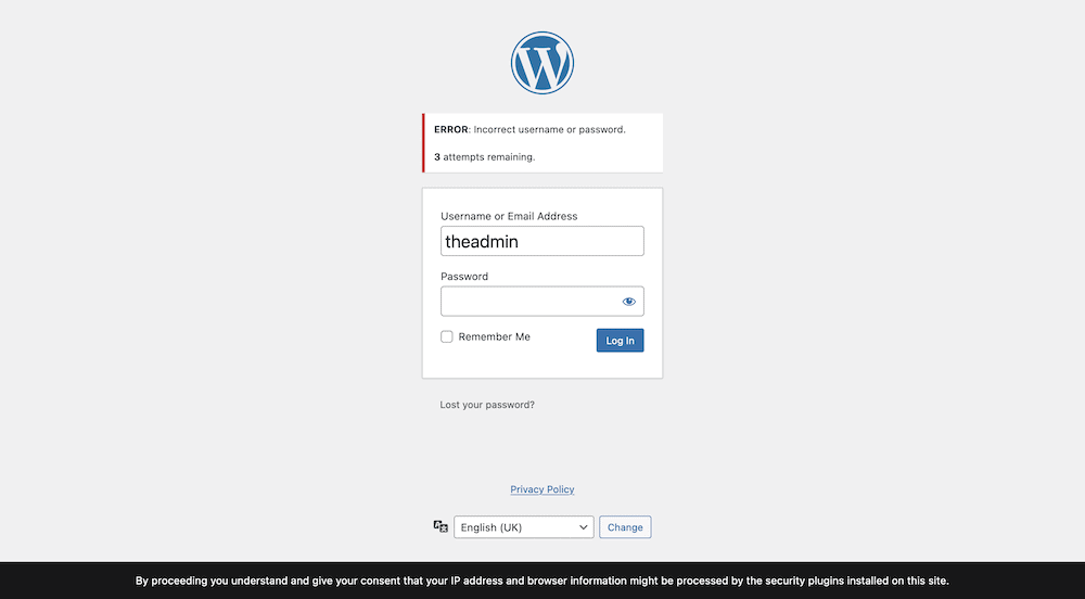 Страница входа в WordPress, показывающая неверный логин и оставшиеся три попытки попасть на экран wp-admin.