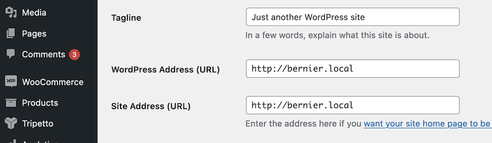 Экран панели управления WordPress wp-admin, показывающий URL-адреса WordPress Address и Site Address.