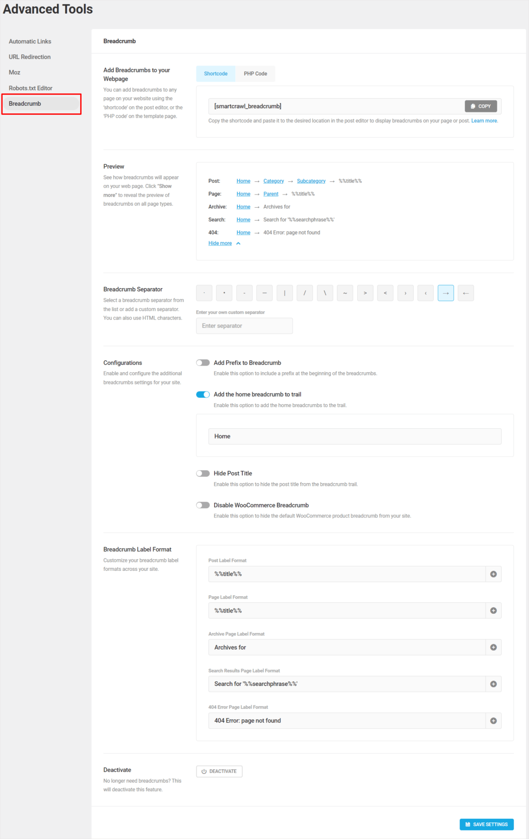 Schermata delle impostazioni dei breadcrumb di SmartCrawl.
