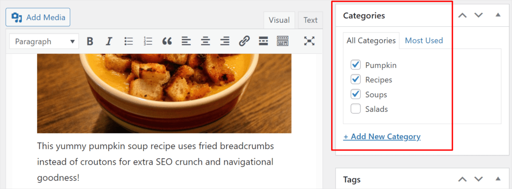 Esempio di un post WordPress assegnato a più categorie.