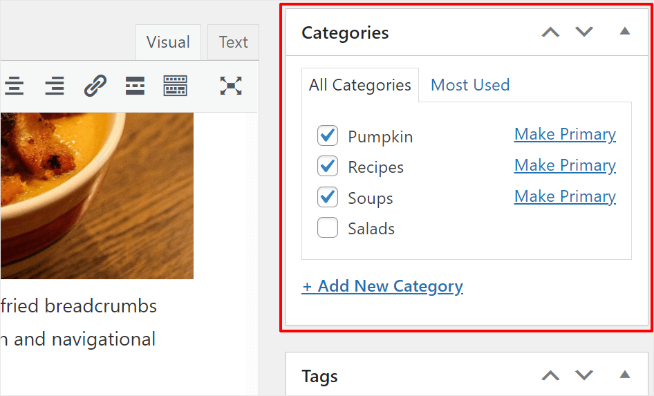 Esempio di post WordPress assegnato a più categorie con la possibilità di assegnare una categoria primaria.