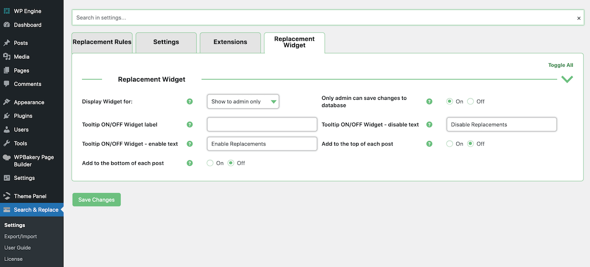 Widget di ricerca e sostituzione CM