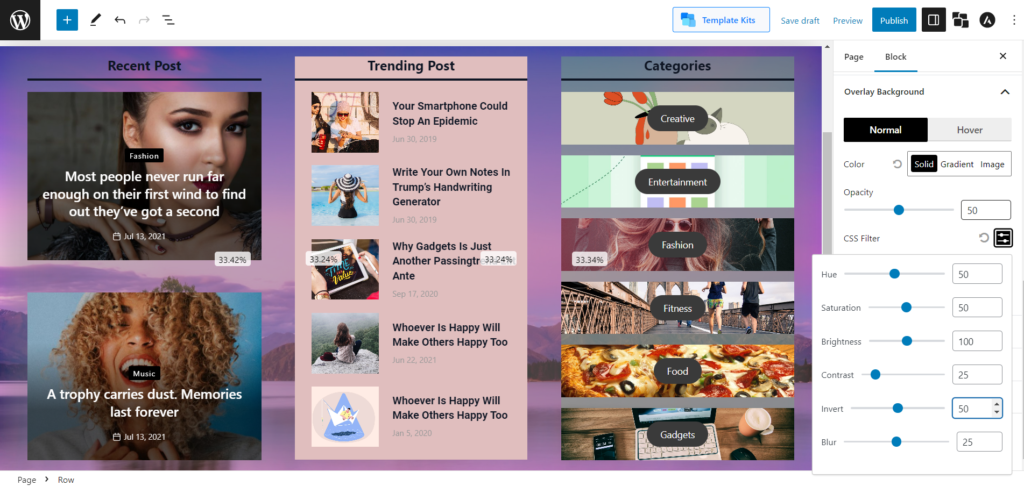 Presentazione di PostX Row/Colonna Block: mostra i tuoi contenuti perfettamente 9 Overlay Background - CSS Filter