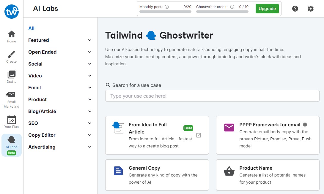 Tailwind – AI マーケティング コンテンツ アシスタント