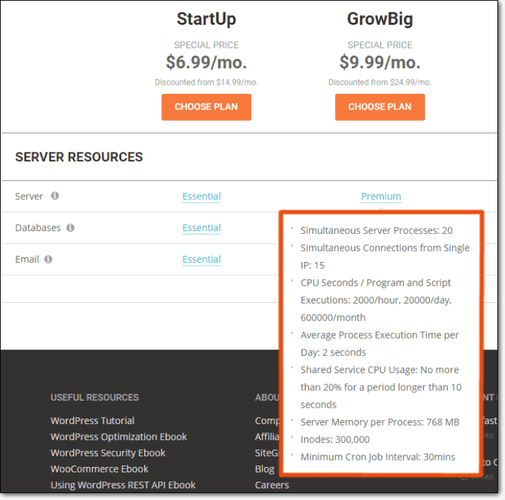 risorse del server siteground