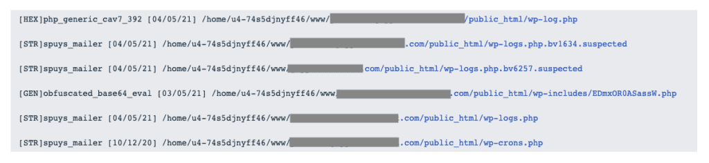 Elenco dei file compromessi ricevuti dall'host web