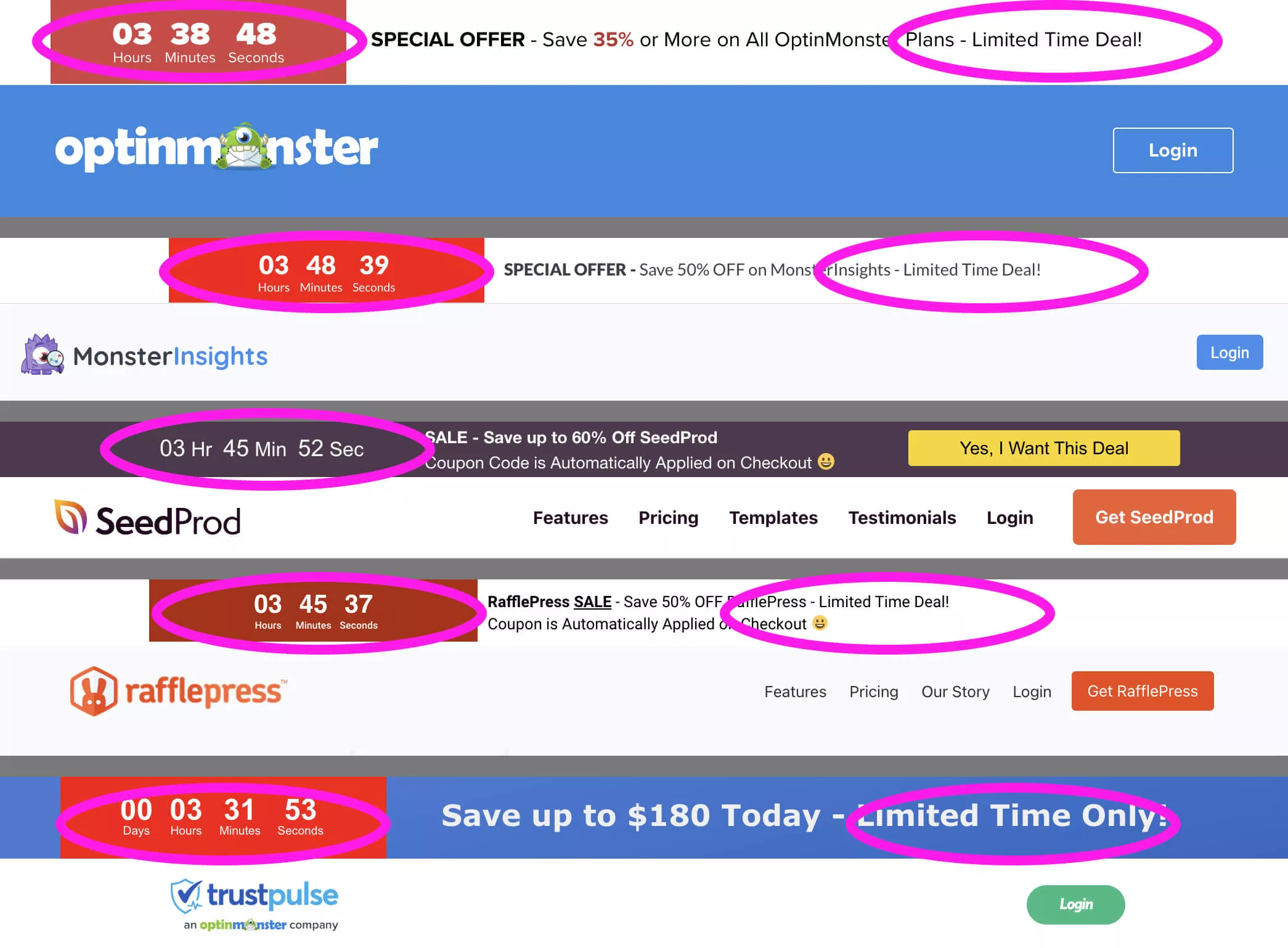 WordPress 플러그인 가격 책정 페이지의 다양한 카운트다운 타이머.