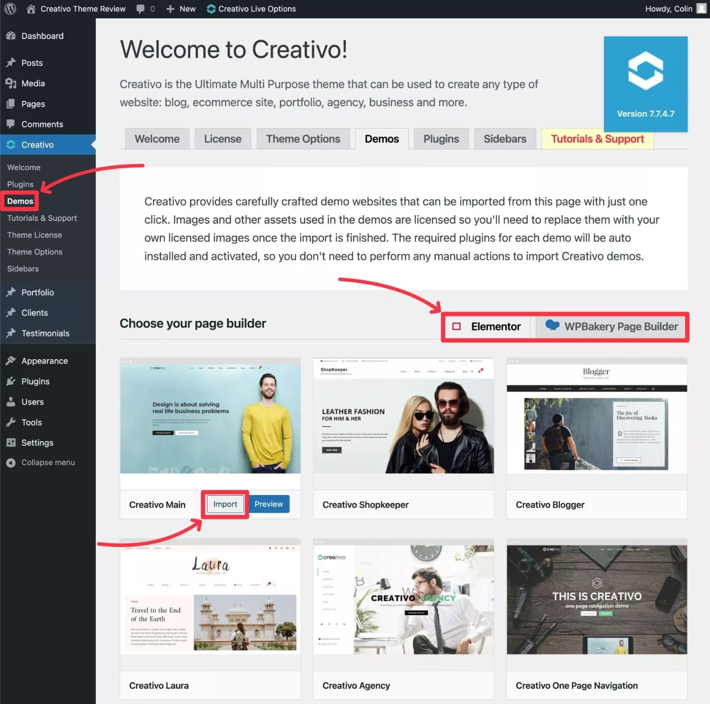 Creativevo 데모 가져오기