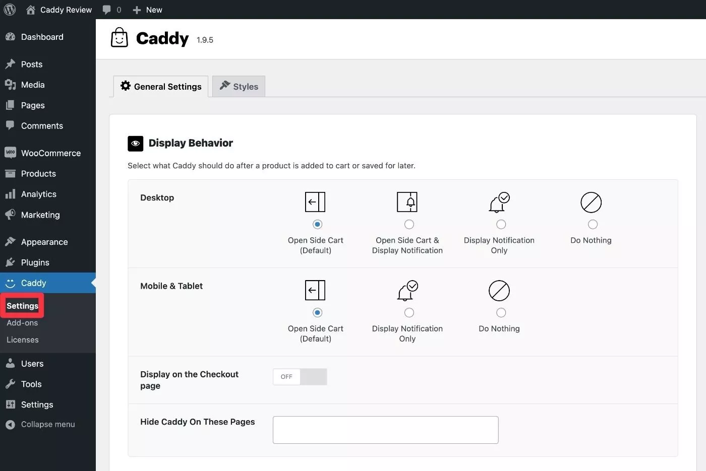 منطقة إعدادات عربة التسوق الجانبية Caddy WooCommerce