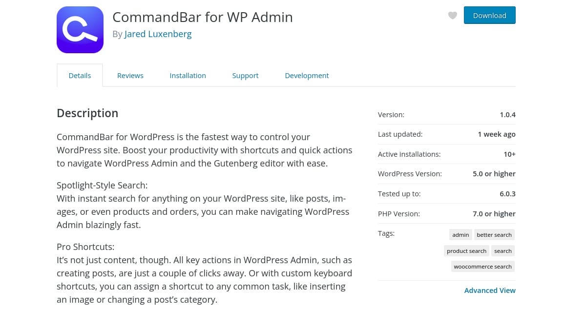 wordpress.org의 CommandBar 스크린샷