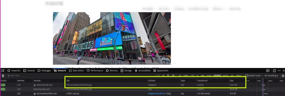 screenshot dell'immagine sul sito Web e informazioni nell'ispettore