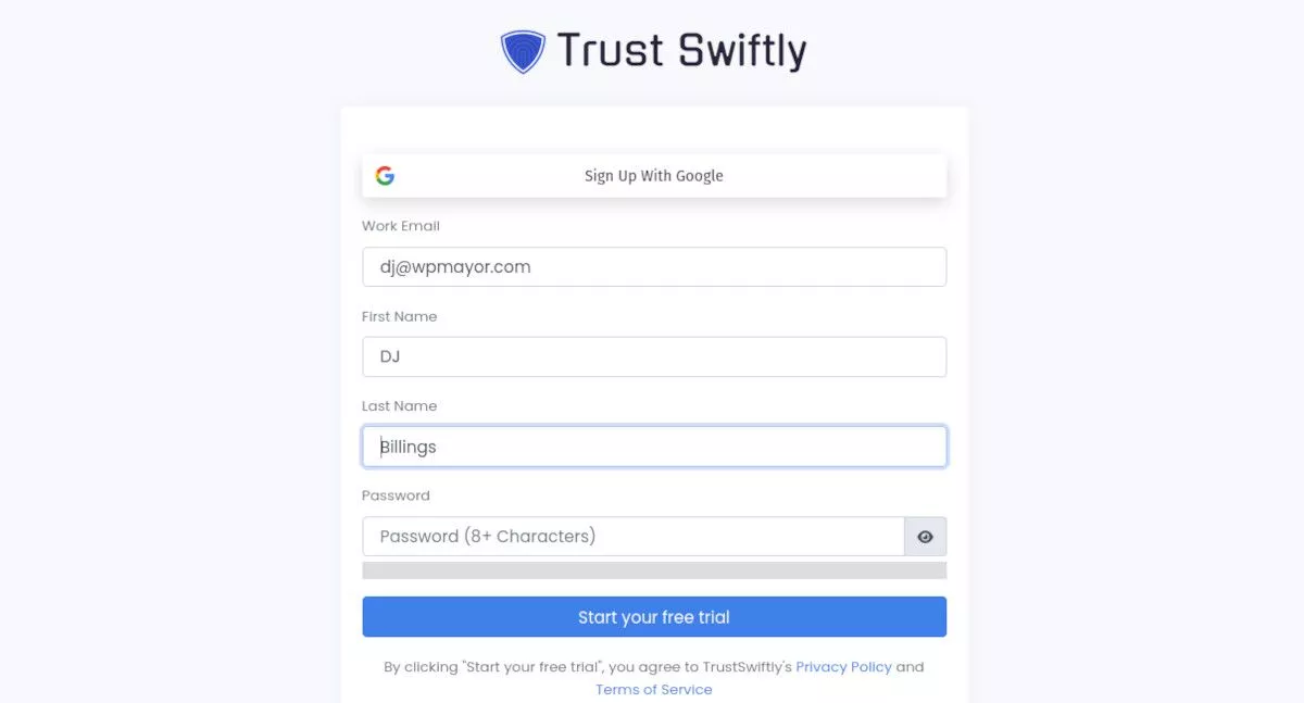Anmeldeformular von Trust Swiftly